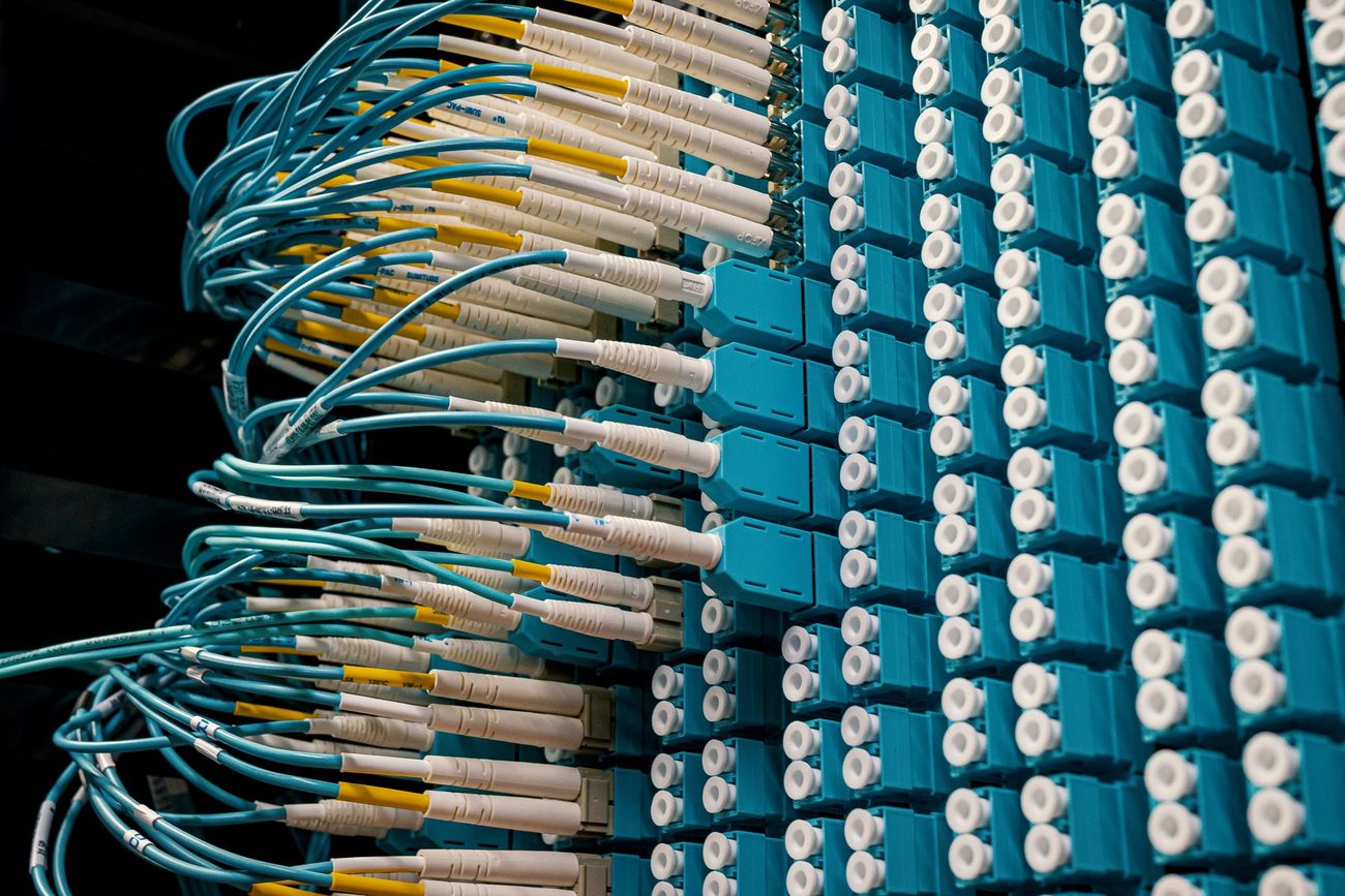 Fibre optic cables landing on a patch panel